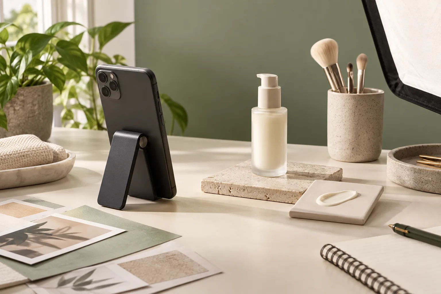 Illustrated beauty-content studio with a phone stand, unbranded skincare bottle, swatch tile and soft lighting
