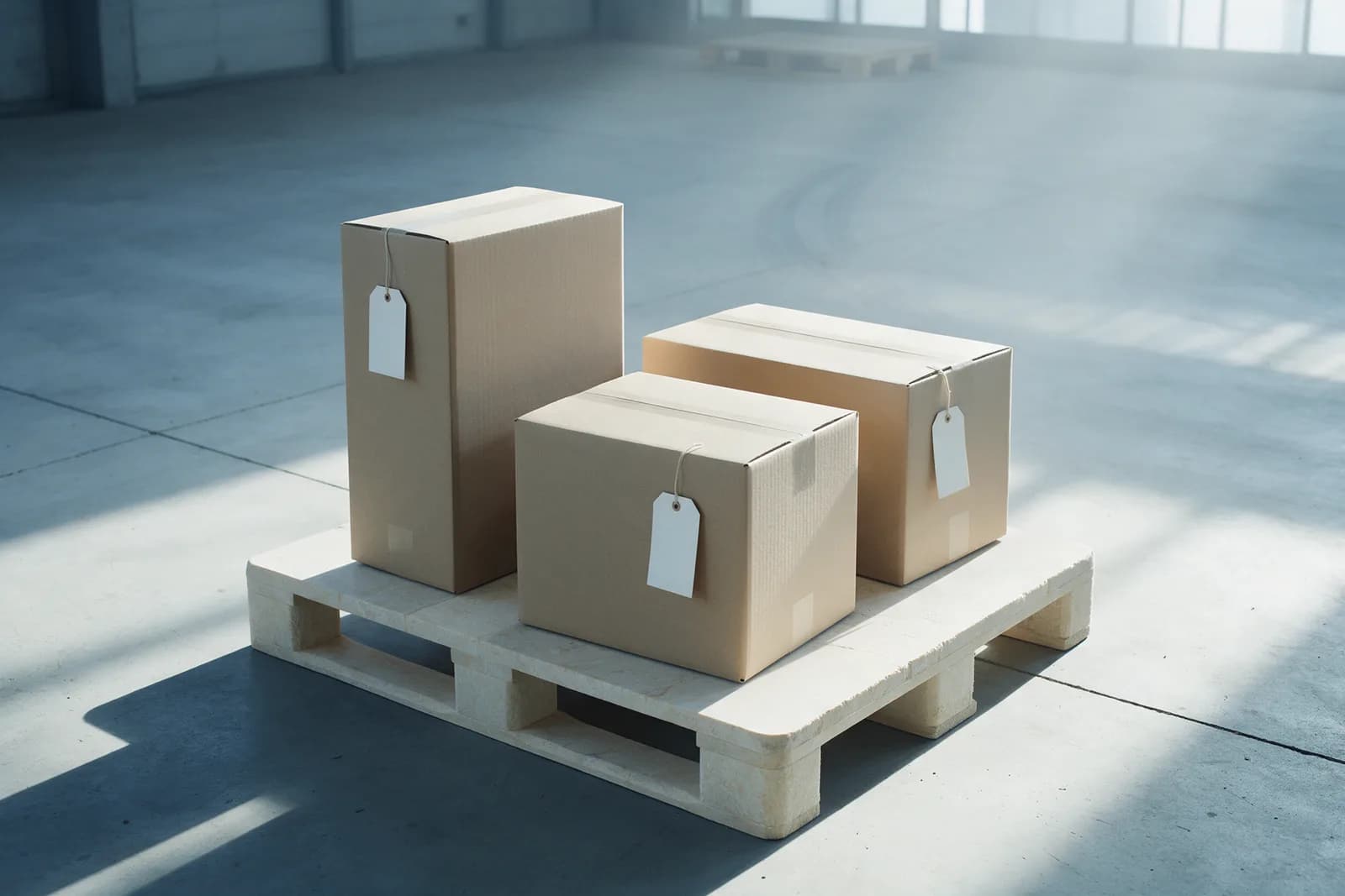 Three plain cartons with blank tags on a pale pallet in a bright, empty warehouse bay with cool light.