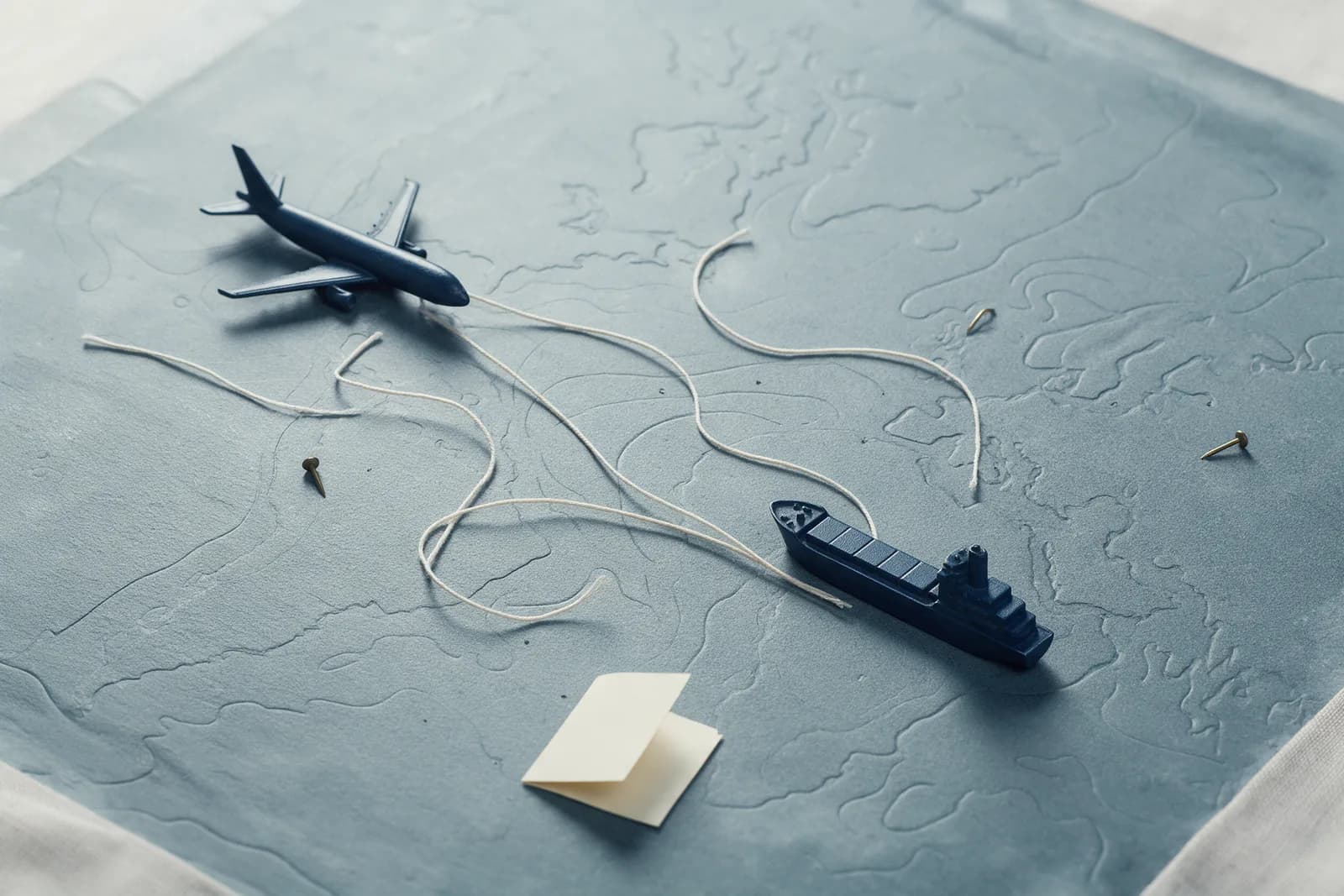 A navy model plane and container ship on a slate relief map, pale strings tracing routes between them, a blank card below.