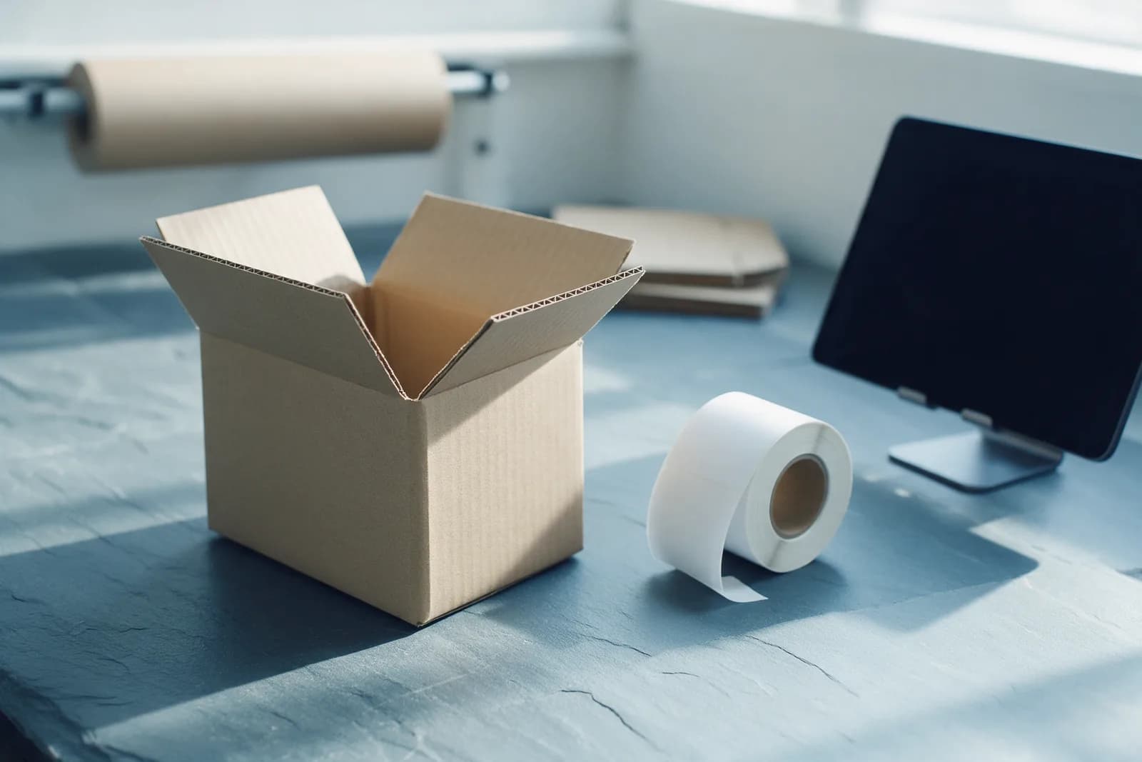 An unlabelled cardboard box being folded on a slate packing station beside a blank label roll and a dark blank tablet.