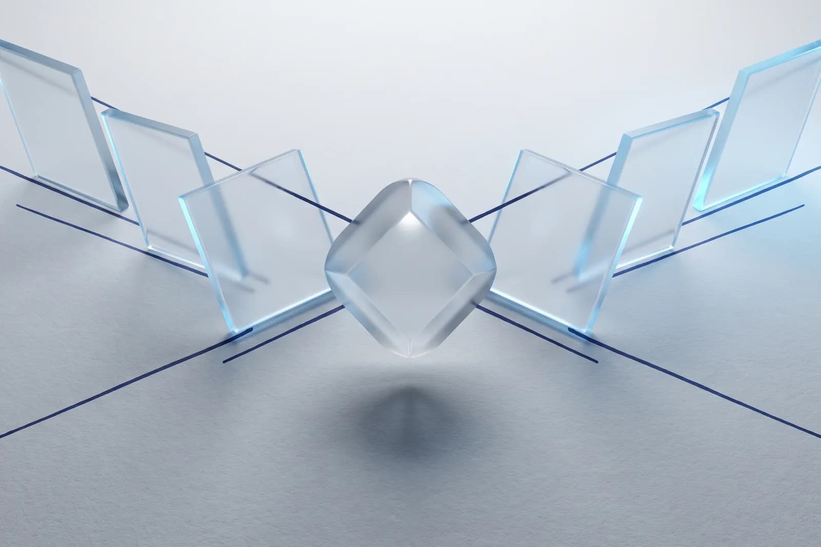 Frosted glass panes linked by thin navy lines converge on a frosted rounded-diamond form at the centre of cool paper.