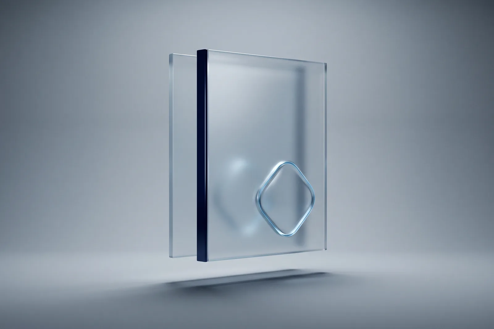 Two frosted glass panes joined by a slim navy band, a rounded-diamond outline set into the front pane, on cool grey.