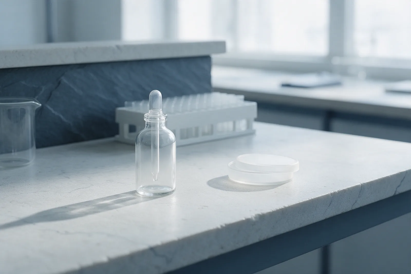 A pale stone lab bench with a glass dropper vial, a frosted petri dish and a white sample rack in cool daylight.