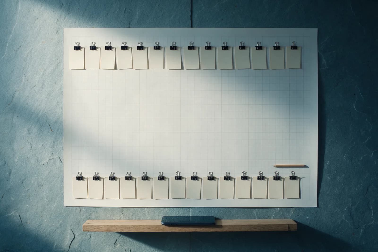 A blank ruled planning grid pinned to a slate wall with two rows of blank cards clipped along it and a phone on a shelf.