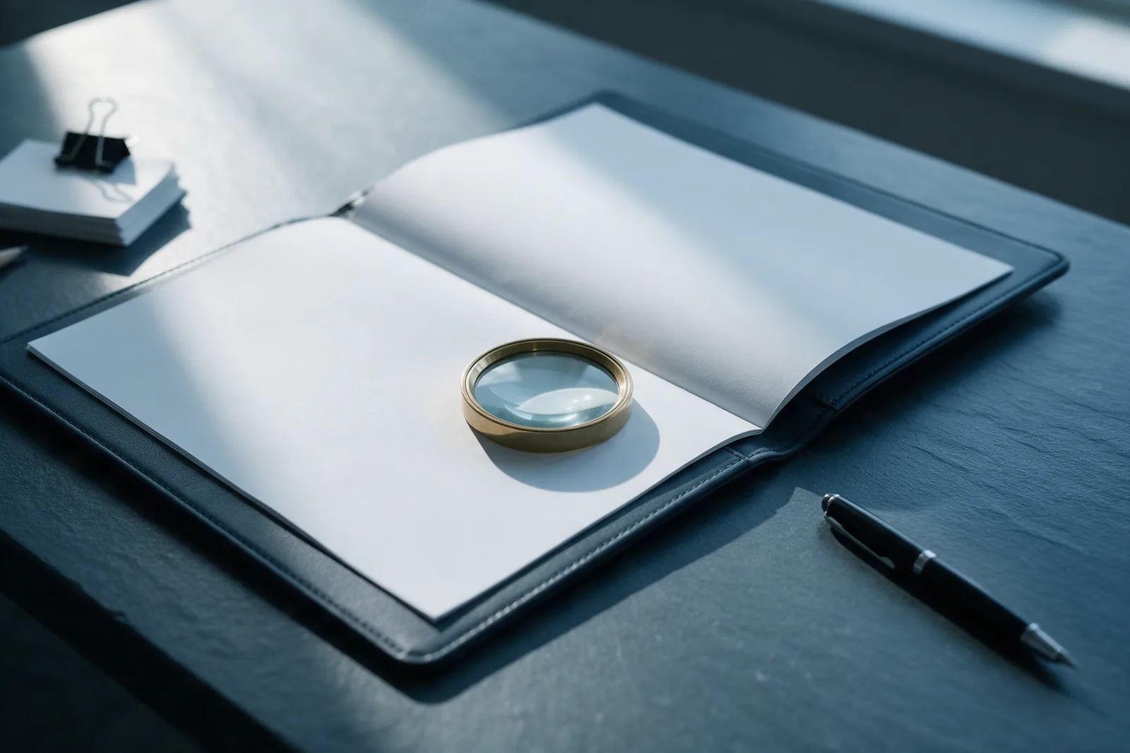 An open blank folder on a slate desk with a loupe on the empty page, a black pen and clipped blank cards nearby.
