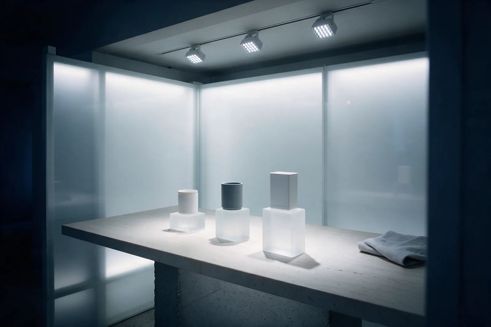 Three unlabelled products on frosted glass risers on a pale stone counter in an empty pop-up, frosted glass walls and track lights behind.