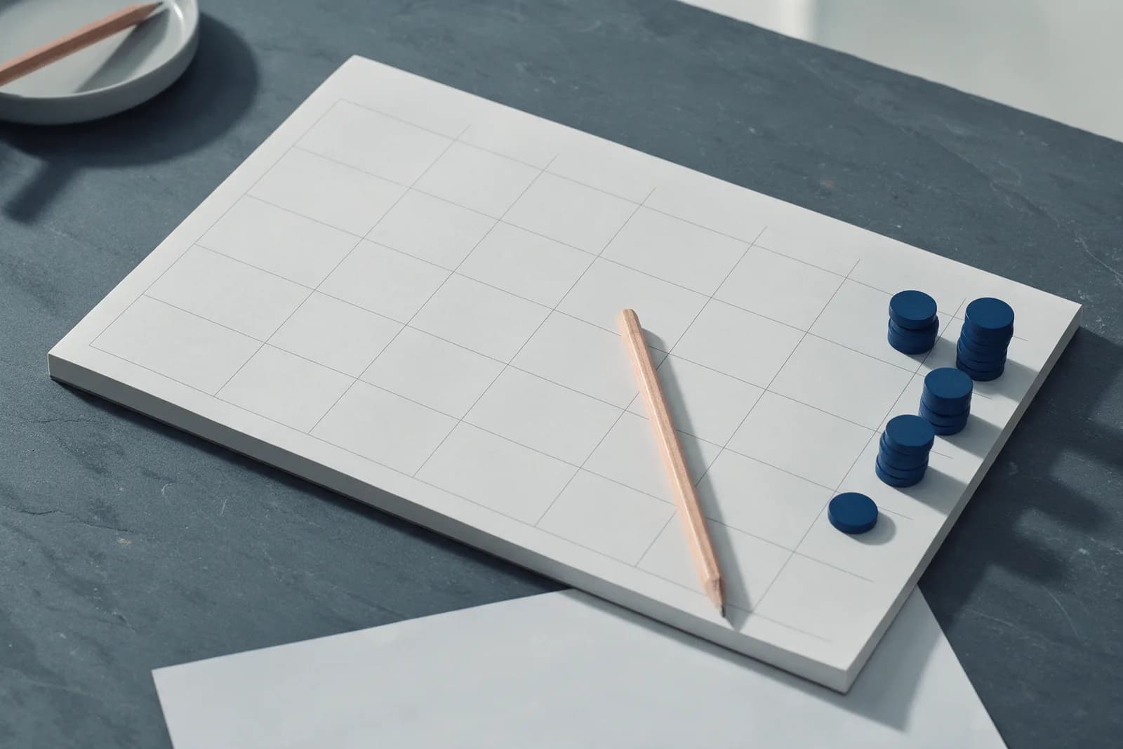 A blank ruled planning board on a slate desk with uneven stacks of navy tokens along one edge and a pencil across it.