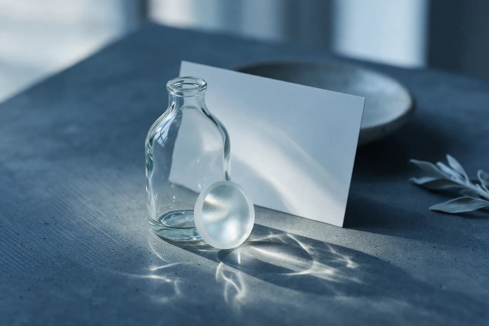 A clear unlabelled bottle beside a frosted glass lens on a slate desk, a blank card behind and rippling caustic light.