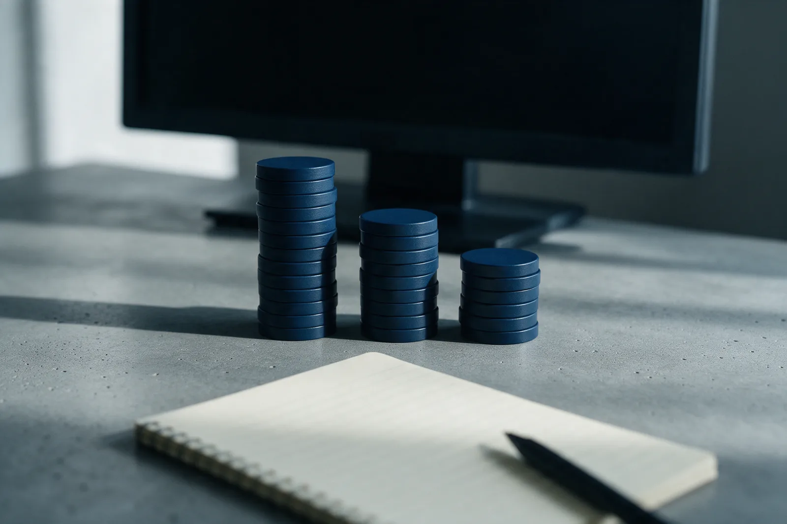 Three columns of navy tokens of different heights on a grey desk before a dark blank monitor, a notepad in front.