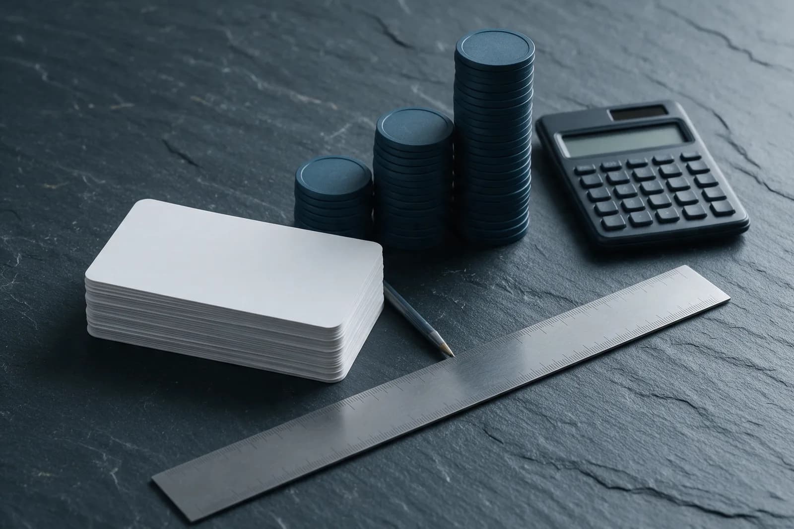 A stack of blank budget cards, three graduated stacks of navy tokens, a dark calculator with a blank display and a steel ruler on slate.