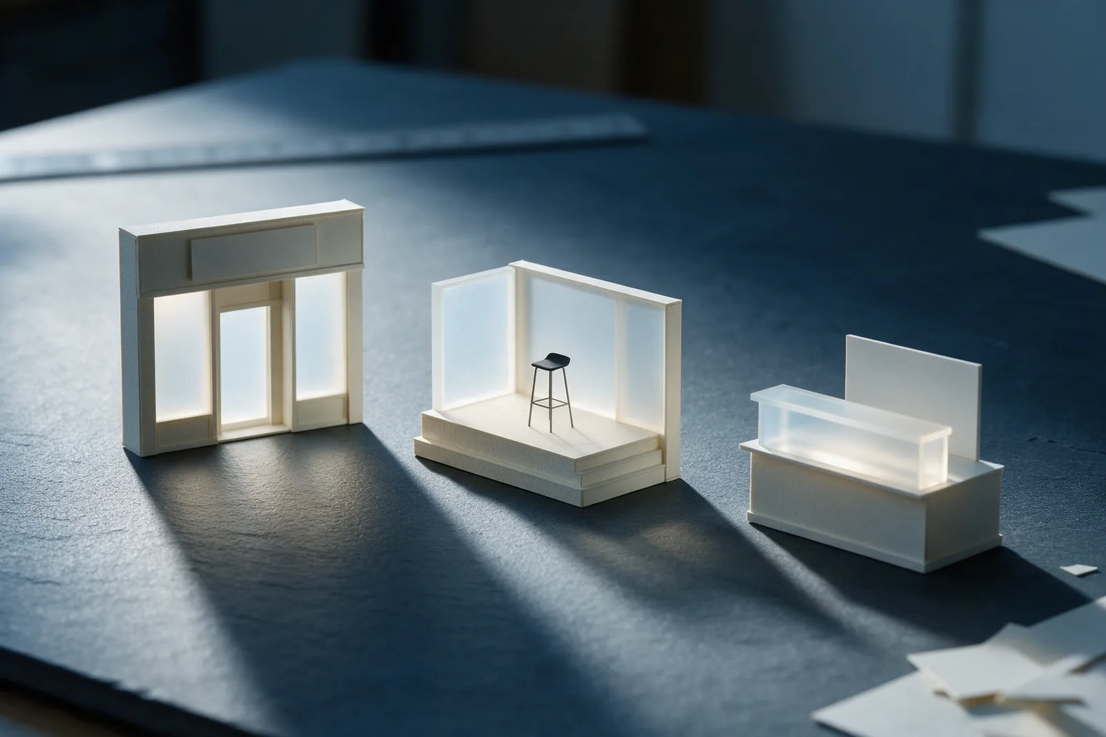 Three miniature pop-up structures in pale card and frosted acrylic, a shop front, a small stage and a counter, on dark slate.