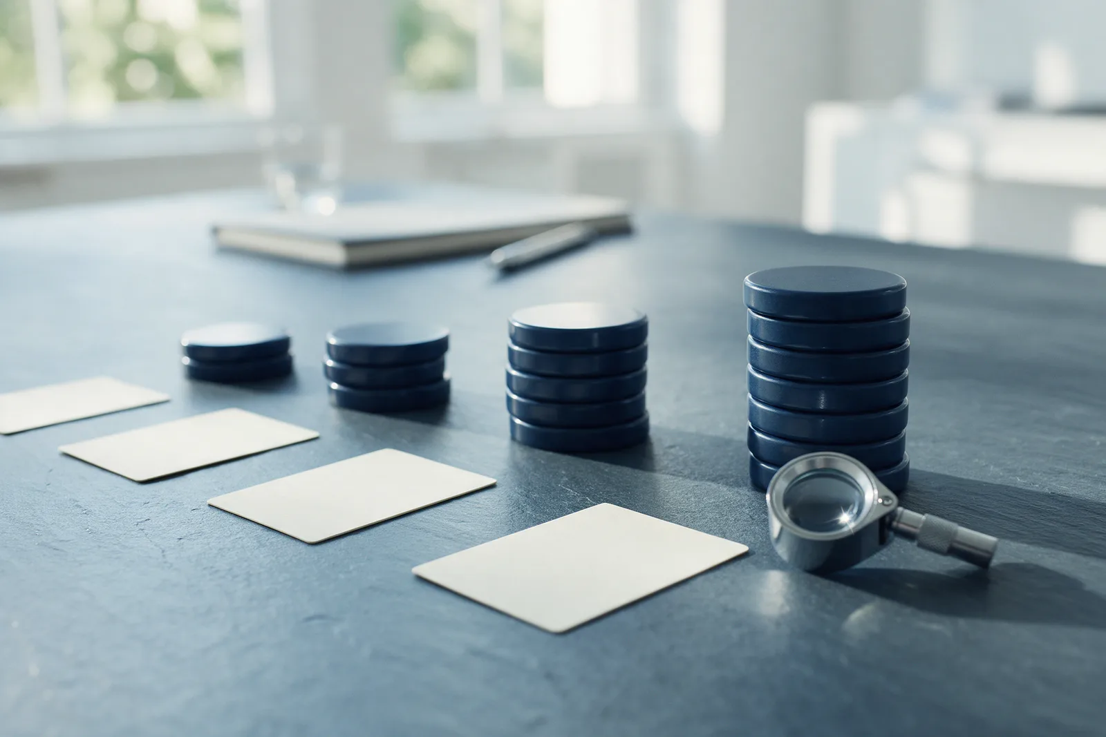 Four stacks of navy tokens rising in height on a slate desk, each beside a blank card, with a steel loupe at the tallest.