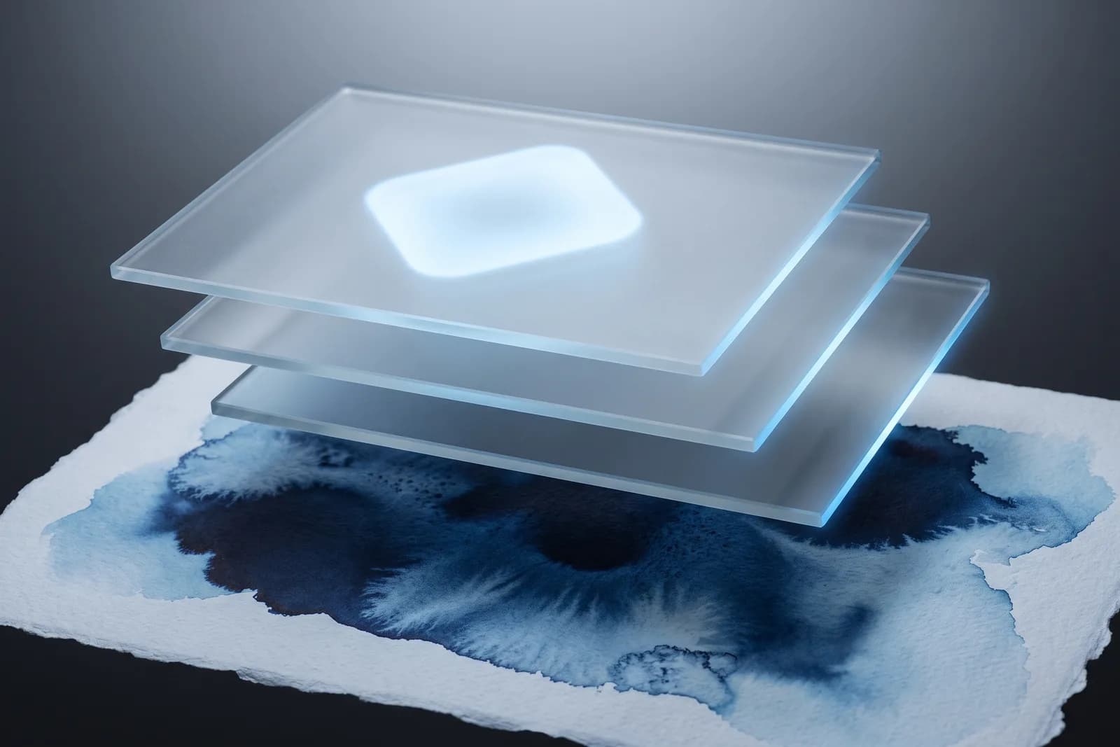 Three frosted glass panes stacked in a cascade over navy ink on paper, a glowing rounded tile showing through the top pane.