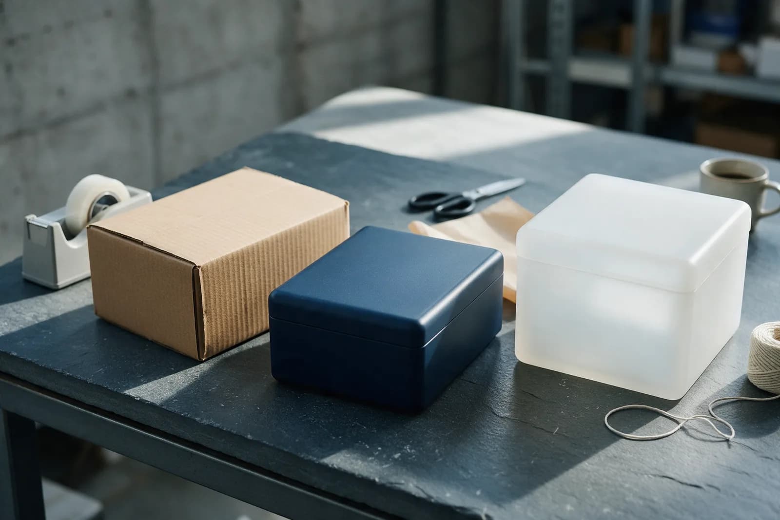 Three unlabelled boxes, kraft, matte navy and frosted white, lined up on a slate packing table beside a tape dispenser.