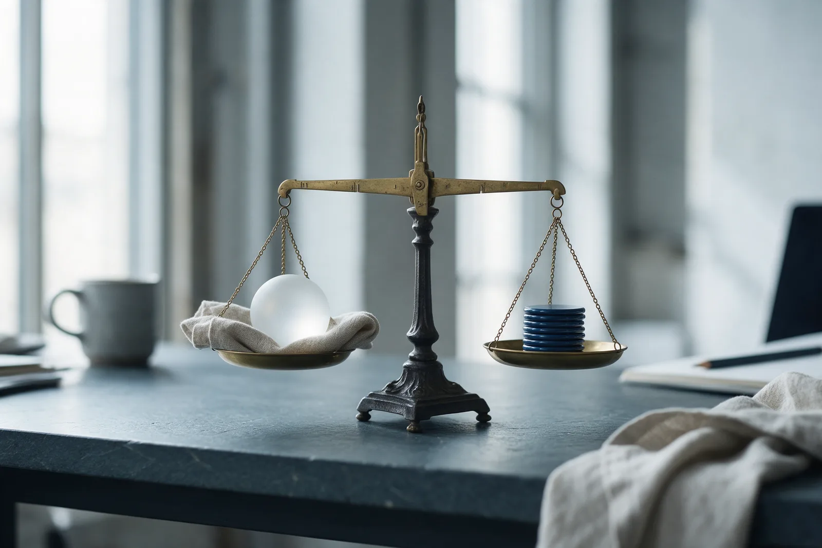 A balance scale on a slate desk holding a frosted sphere on linen in one pan and a stack of navy tokens in the other.