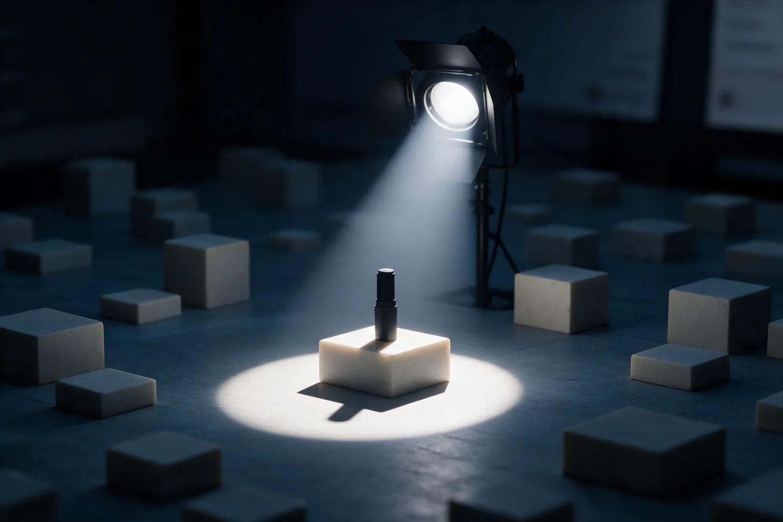 A spotlight picks out one lipstick on a pale stone plinth while many smaller plinths wait in shadow on dark slate.