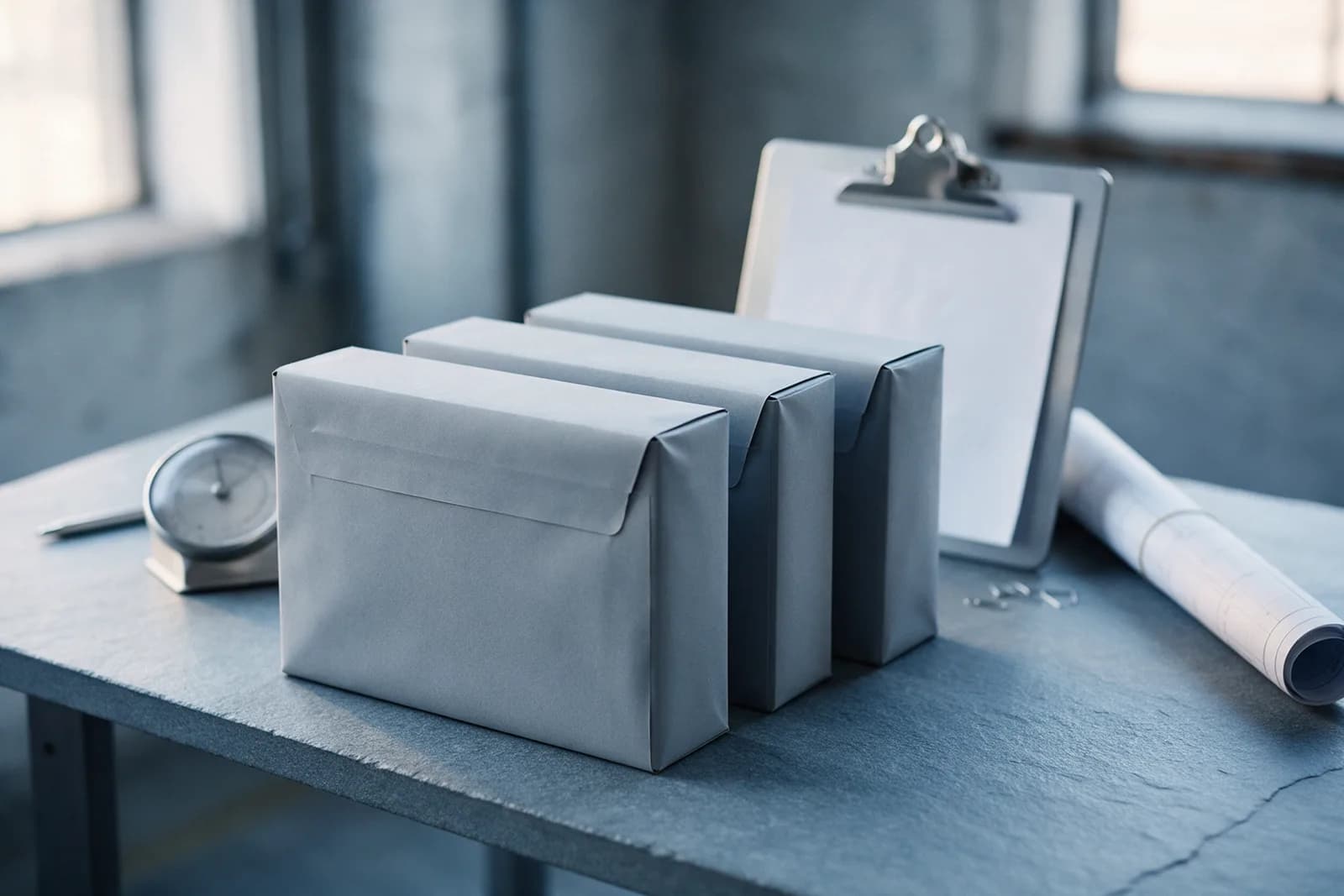Three sealed grey mailer boxes on a slate table before a steel clipboard with a blank sheet, a small steel scale and a rolled chart.