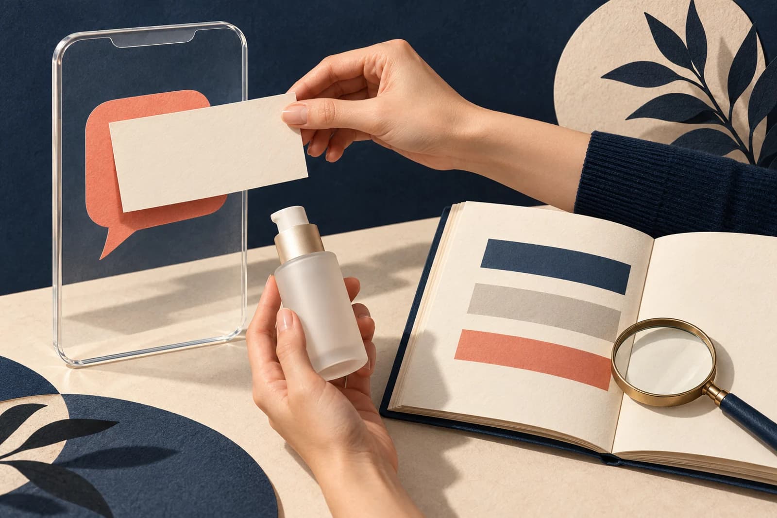 Illustrated hands place a correction card over a speech shape while checking a bottle against a notebook.