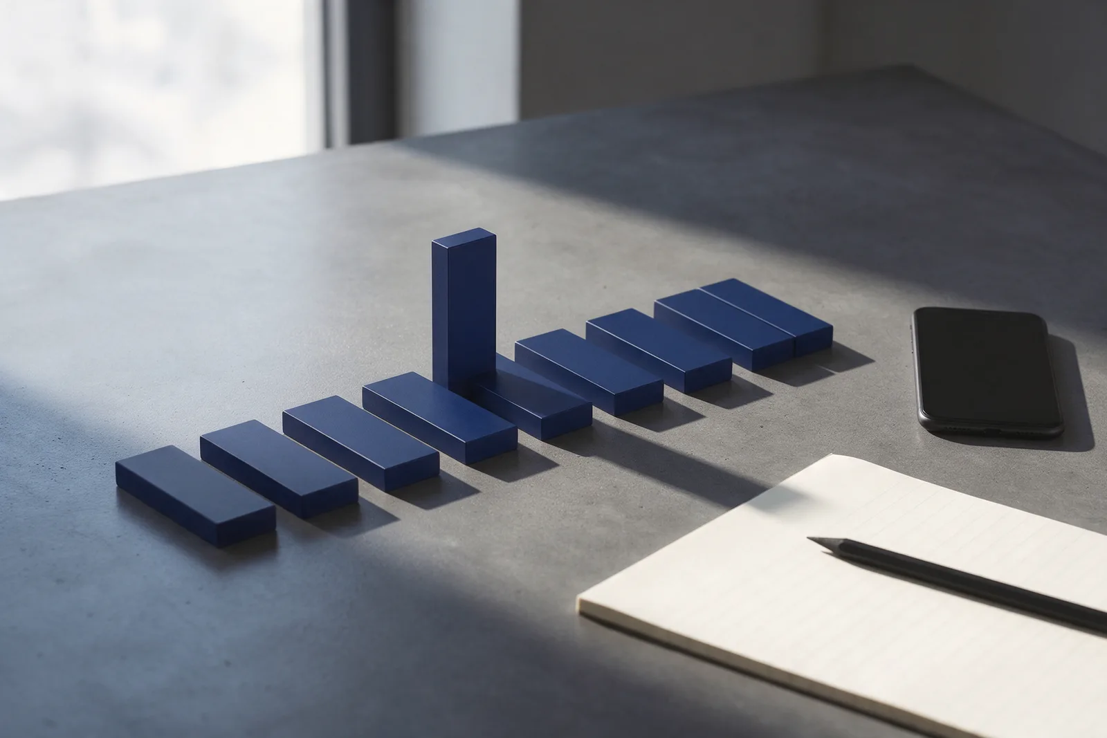 A row of low navy blocks on a slate desk with one tall block standing out, a dark phone and a blank notepad nearby.