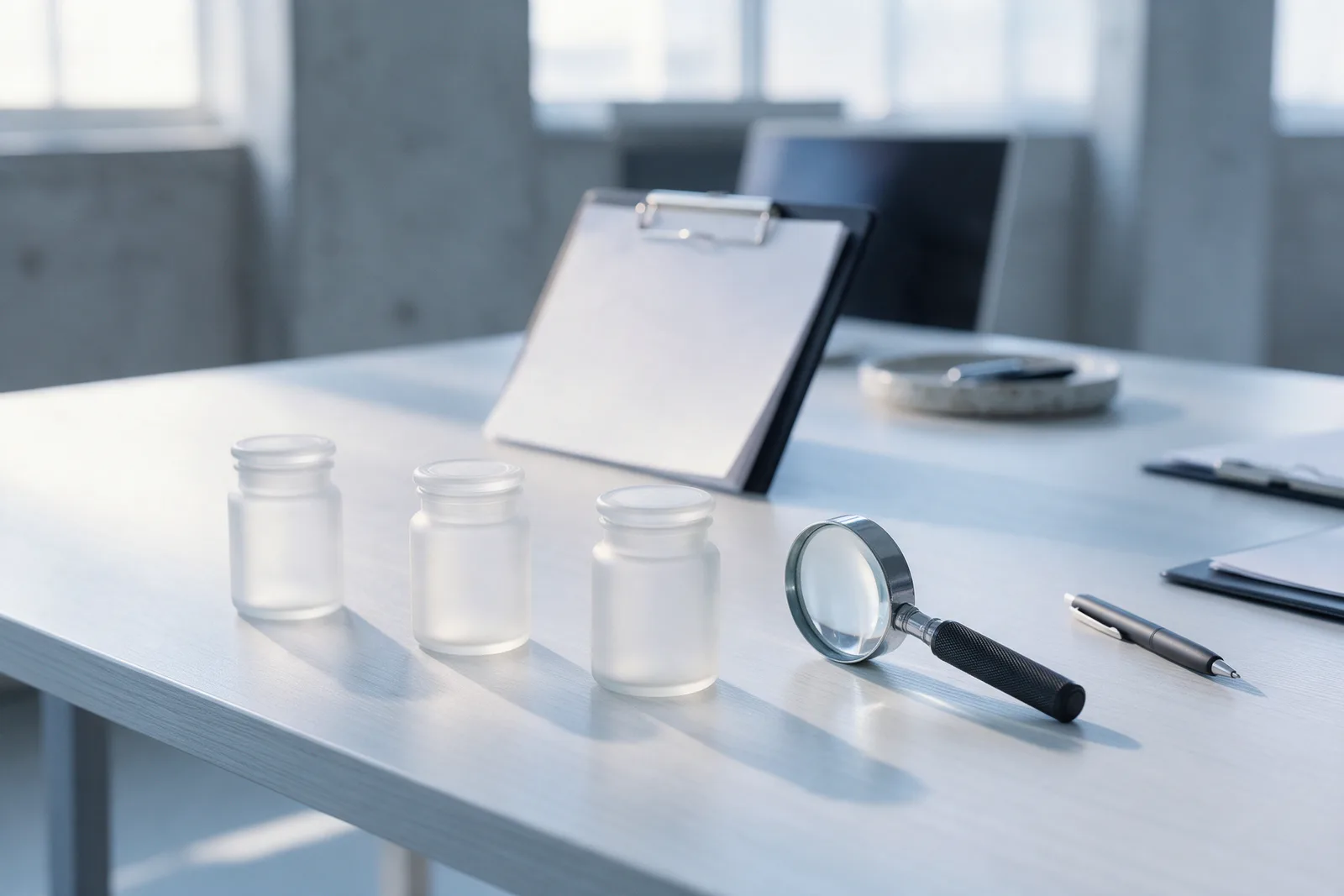 Three frosted sample jars in a row on a white meeting table with a magnifier, a pen and a blank clipboard behind.