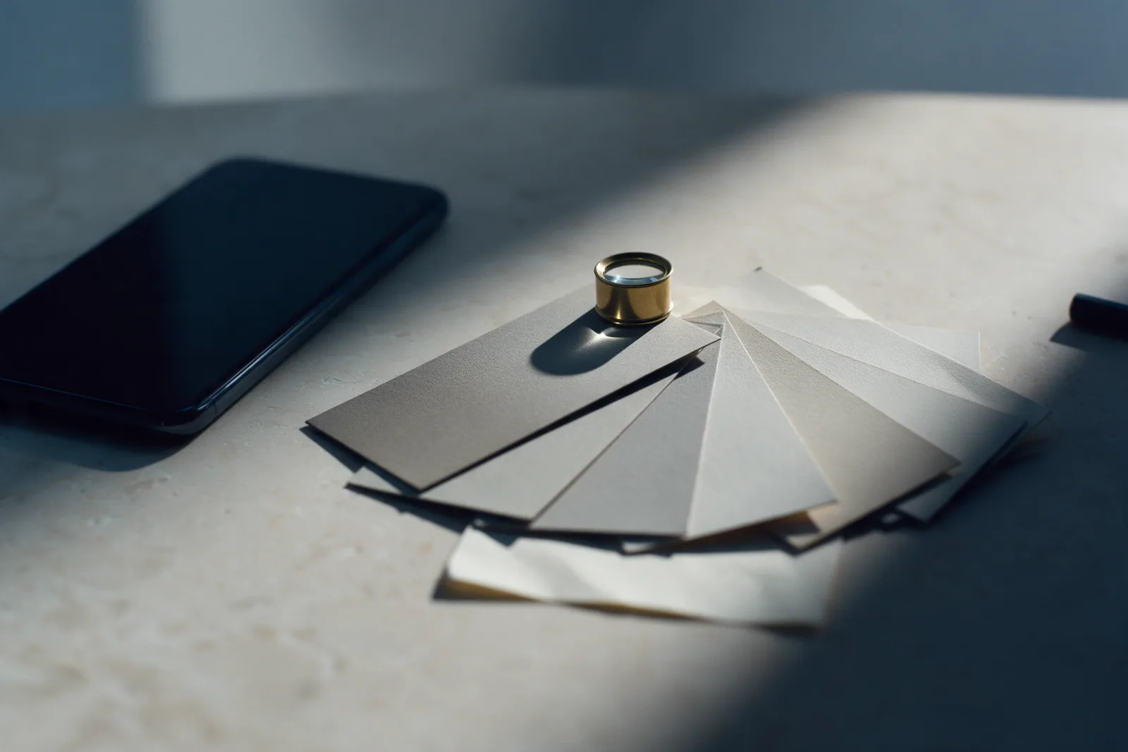 A fan of grey and white swatch cards with a small loupe on top, a dark blank phone at the edge of a stone desk.