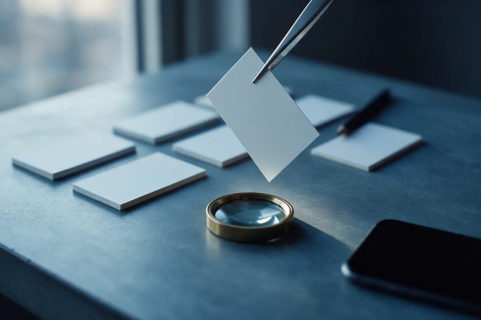 Tweezers lift one blank card from two rows of blank cards above a loupe on a slate desk, a dark phone in the corner.