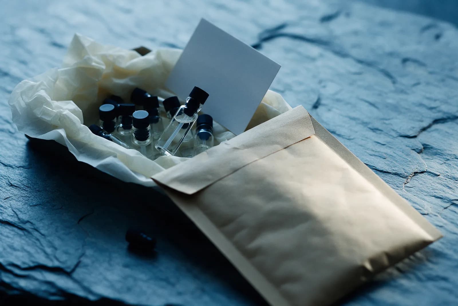 Tiny unlabelled fragrance vials in tissue with a blank card, beside a padded mailer on a blue slate table.