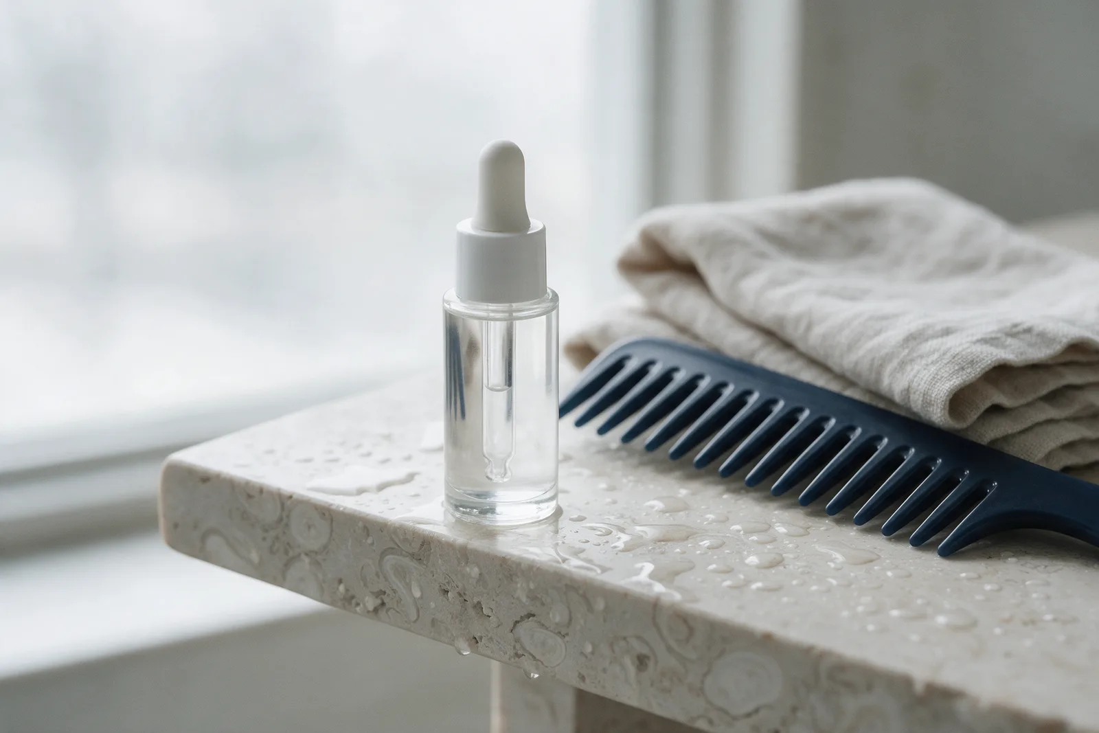 A clear dropper bottle, a navy wide-tooth comb and a folded linen towel on a wet pale stone shelf.