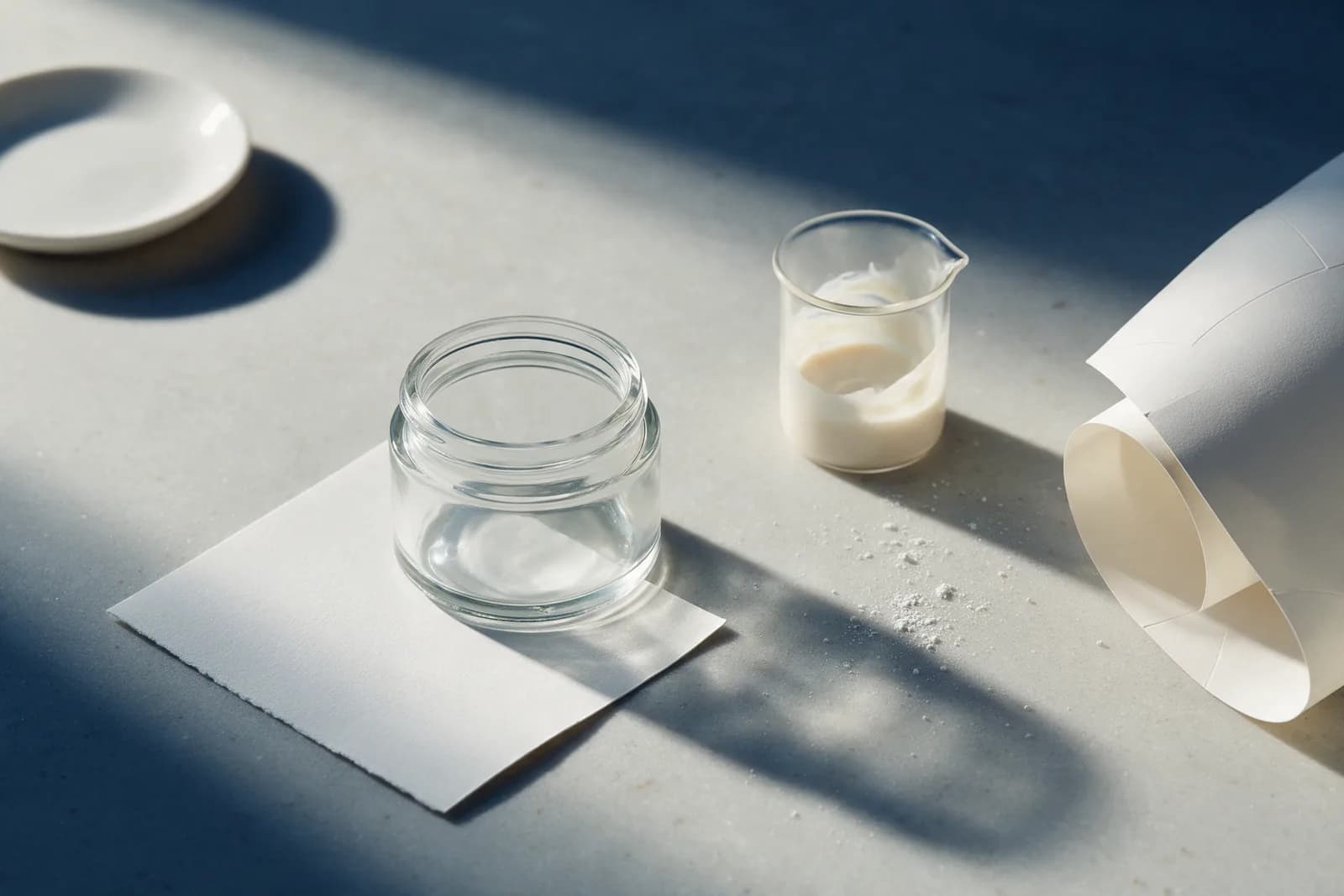 A pale grey stone bench with an empty glass jar on a blank swatch card, a beaker of pale cream and a rolled blank dieline.
