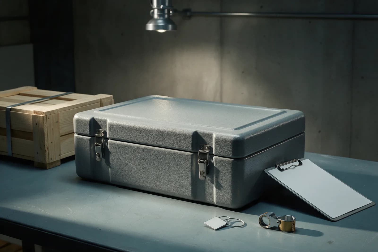 A sealed grey steel shipping case on a slate inspection table with a blank clipboard, a seal tag and a loupe, a crate behind.