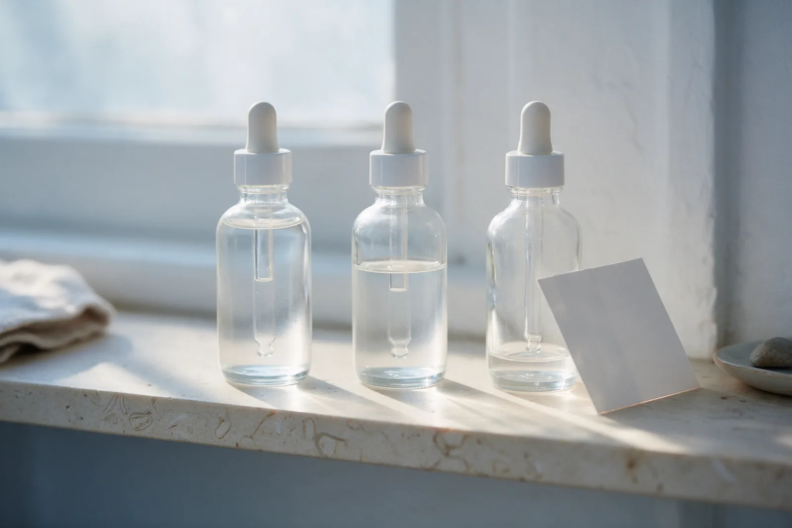 Three identical dropper bottles on a stone sill, the liquid level dropping from one to the next, a blank card at the end.