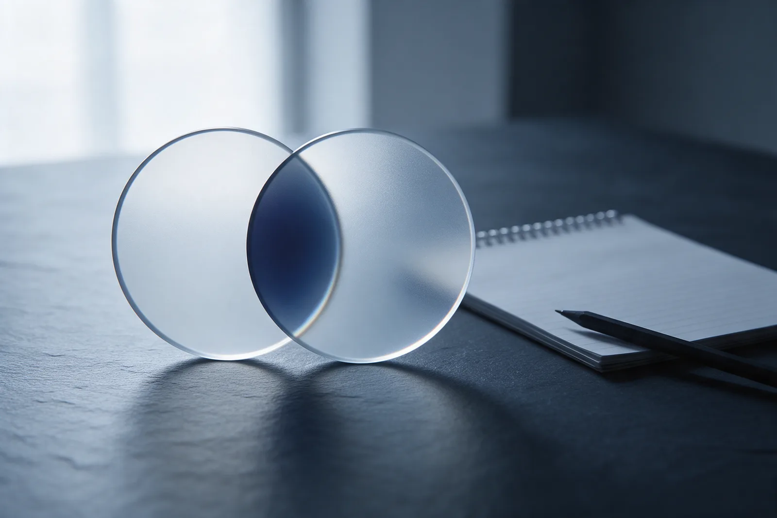 Two upright frosted glass circles overlap on a slate desk, their shared lens tinted navy, a blank notepad behind.