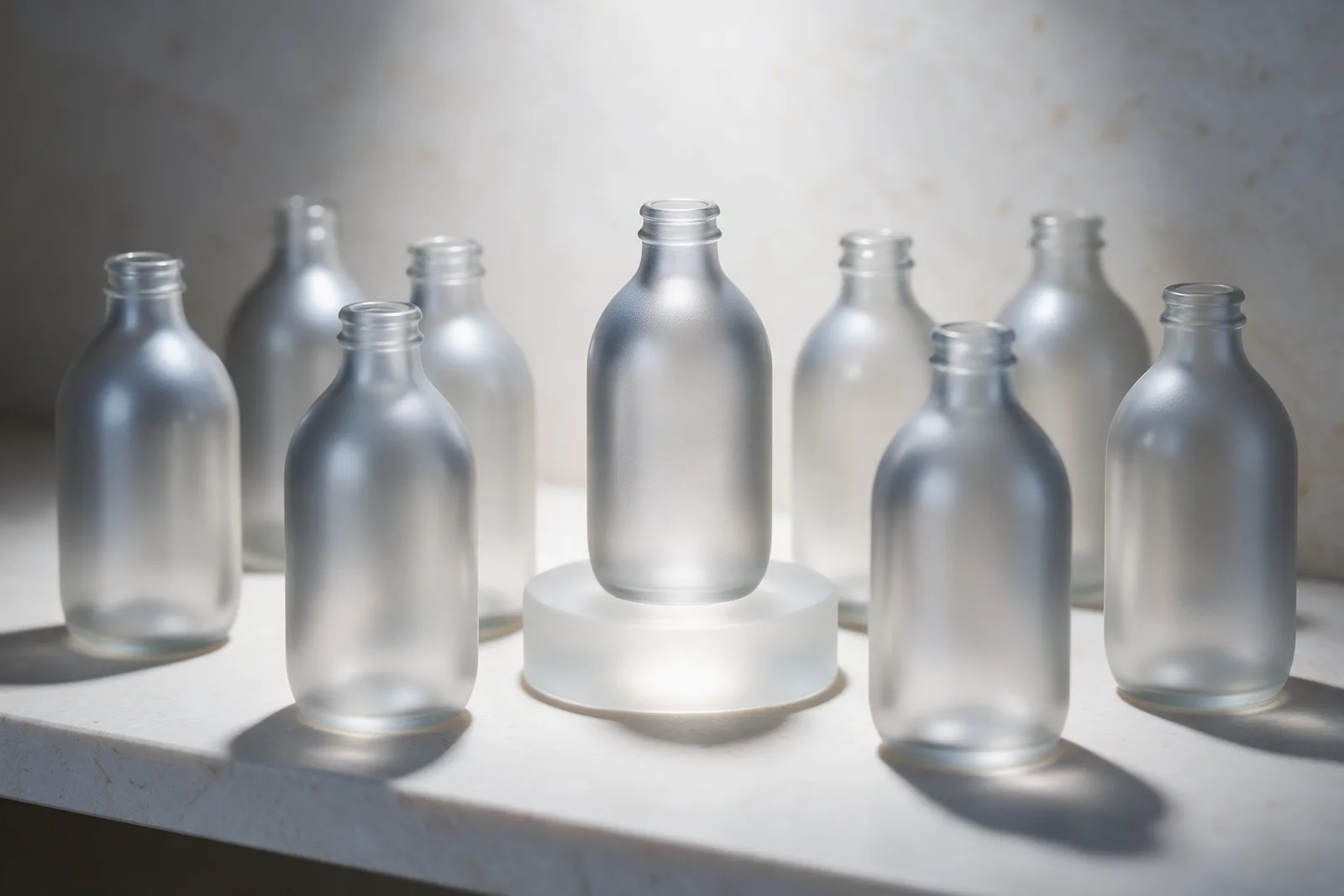 Frosted glass bottles on a pale stone shelf gathered around one bottle raised on a frosted glass riser at the centre.