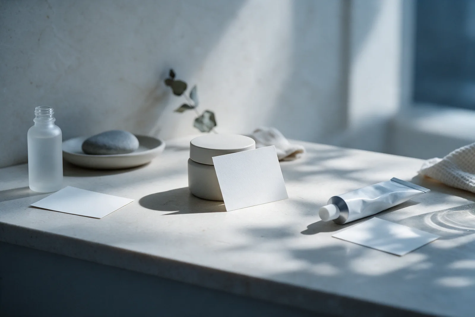A serum bottle, a jar and a tube each paired with a blank card along a pale stone bench in cool daylight.