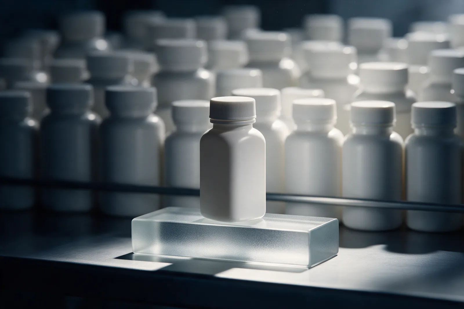One white unlabelled bottle on a frosted glass riser in sharp focus before a blurred wall of identical bottles.