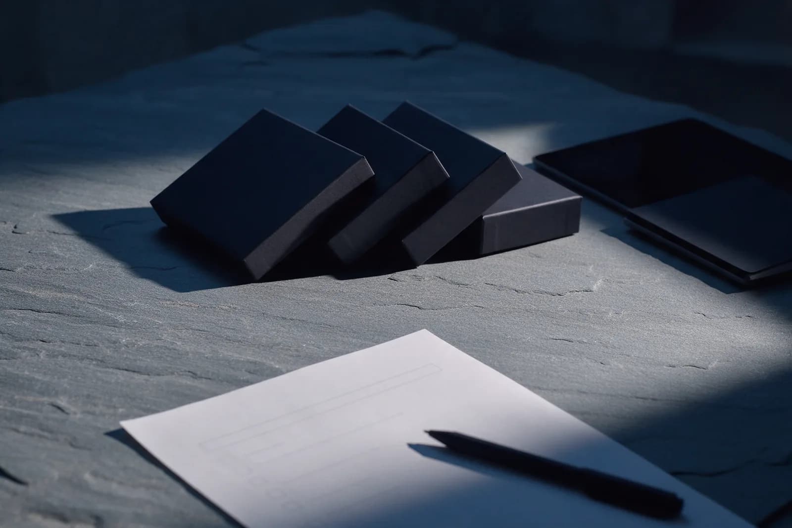 Dark unlabelled product boxes on slate beside a dark blank tablet, with a blank checklist and a pen in front.
