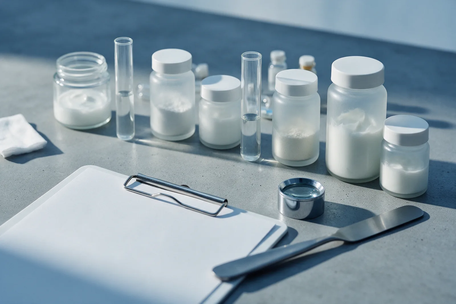 Rows of unlabelled sample jars and test tubes on a slate bench with a blank clipboard, a loupe and a steel spatula.