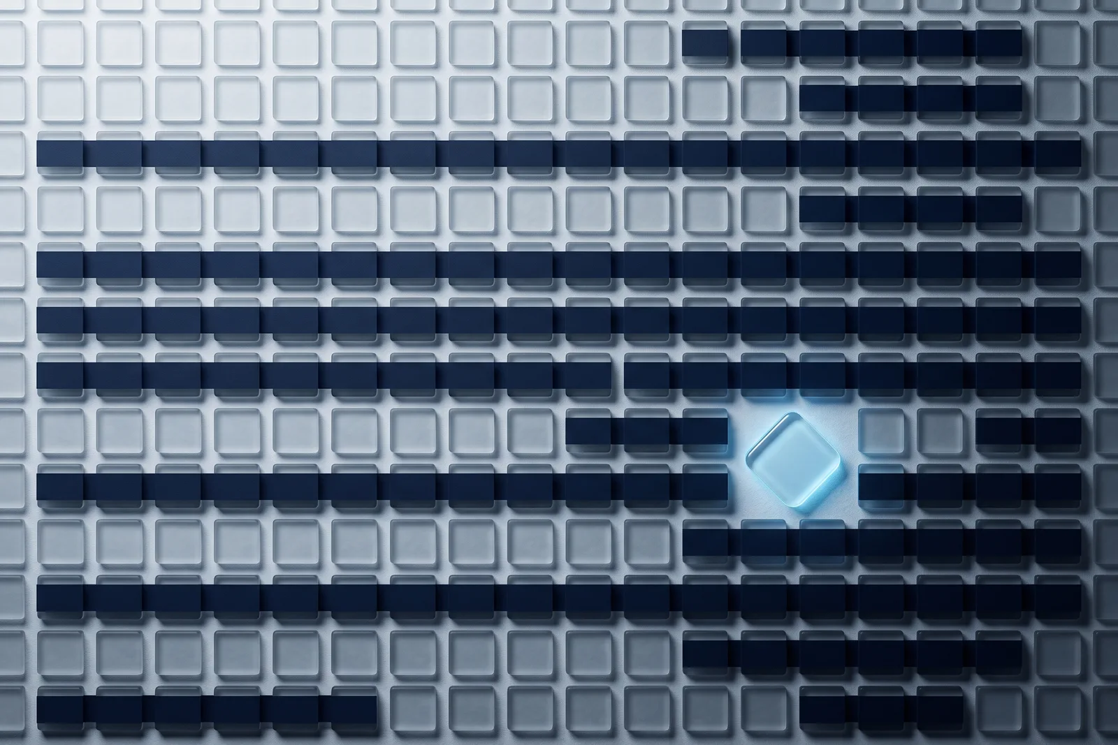 A grid of small frosted glass tiles crossed by navy redaction bars, with one rounded-diamond tile glowing sky blue.