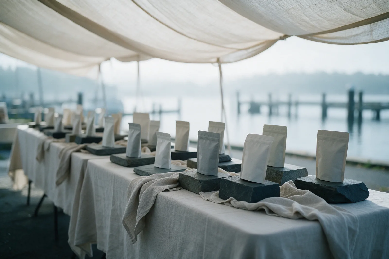 Empty market tables under pale canopy fabric with unbranded pouches on slate risers and folded linen, a misty harbor behind.
