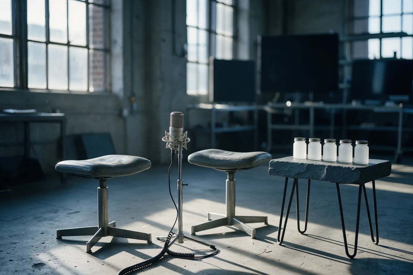 A condenser microphone between two empty stools beside a slate table of five unlabelled jars in a sunlit loft studio.