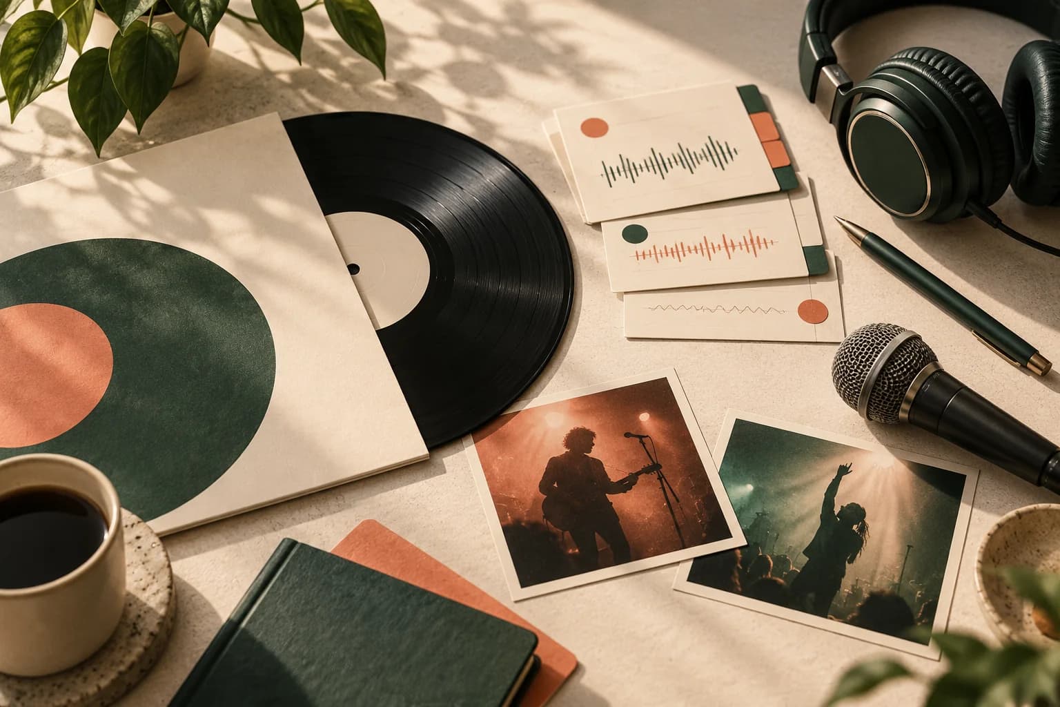 A conceptual illustrated music planning desk holds a record, microphone, headphones and cards with asset-status tabs.