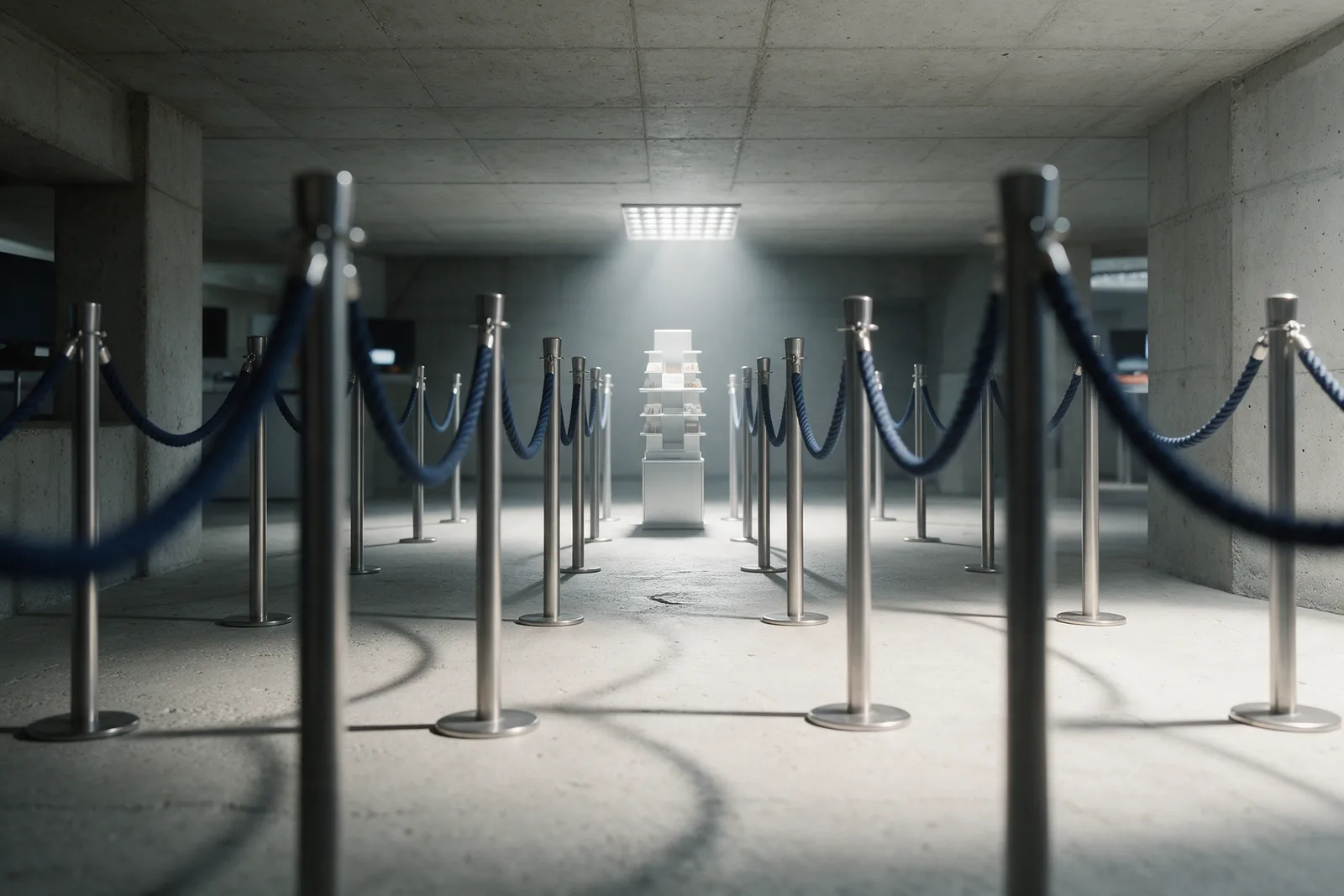 Rows of steel stanchions with navy ropes form an empty queue leading to a white sample display under a ceiling light.