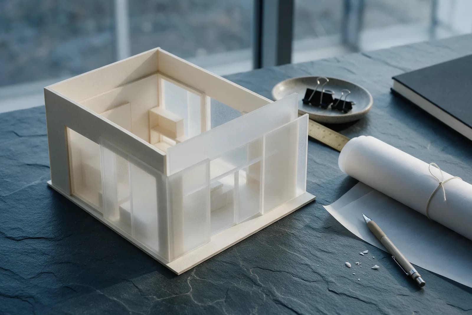 A pale card and frosted acrylic scale model of a small pop-up shop on slate, beside a rolled blank floor plan.