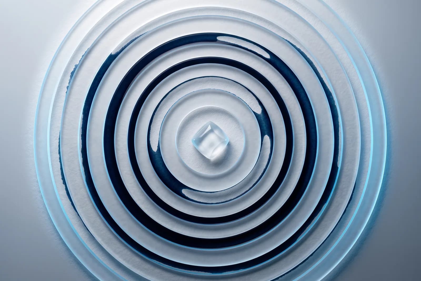 Concentric frosted glass rings widen across cool paper with navy ink between them and a small rounded tile at the centre.
