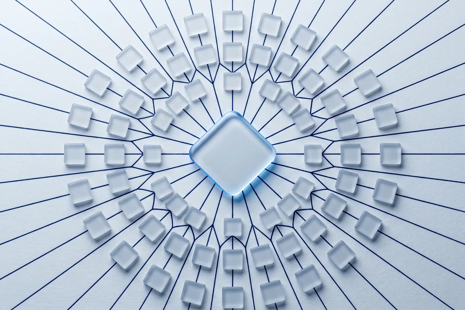 Small frosted glass tiles linked by thin navy lines radiate from one larger rounded tile at the centre of cool paper.