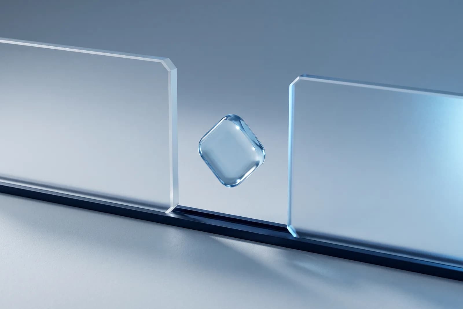 Two frosted glass panes on a slim navy track with a clear rounded-diamond tile floating in the gap between them.
