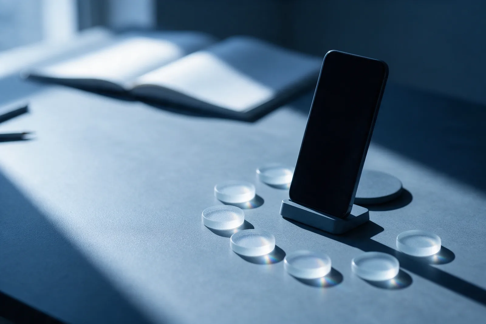A phone with a dark blank screen on a slate stand, ringed by small frosted glass discs, an open blank notebook behind.