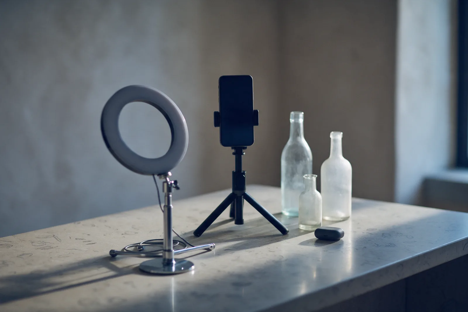 A ring light and a phone on a small tripod face three unlabelled glass bottles on a pale stone counter.