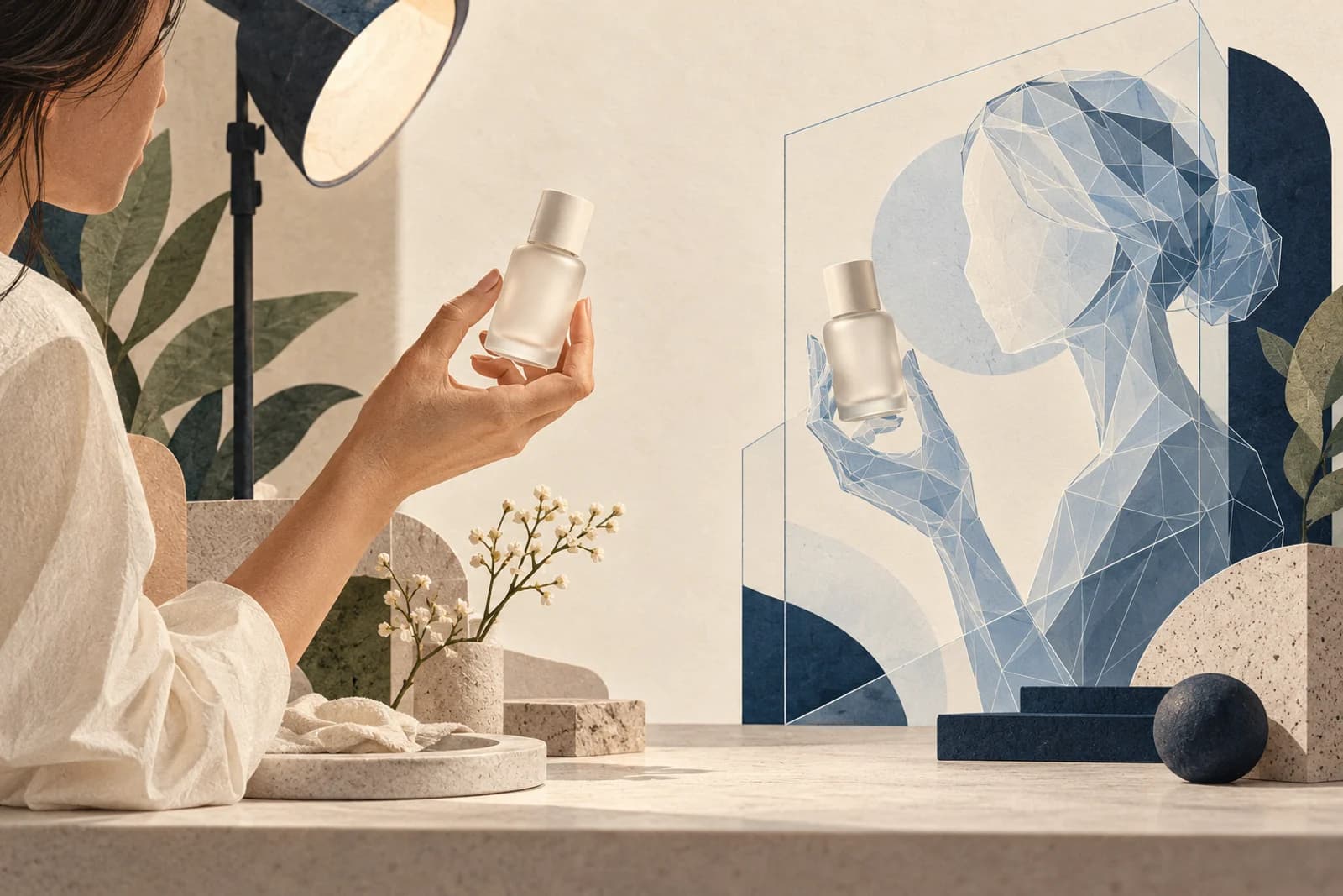 An illustrated human product demonstration beside a translucent geometric virtual character holding a bottle.