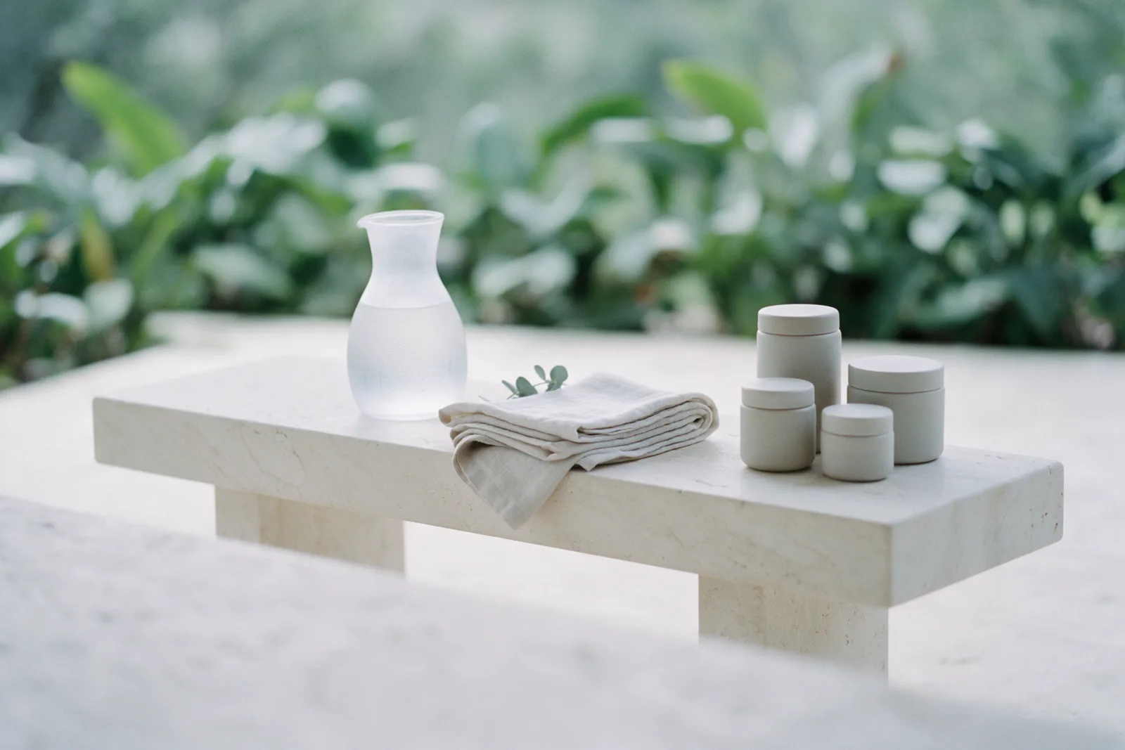 A low pale stone bench with folded linen, a frosted carafe and unlabelled jars, green plants blurred behind.